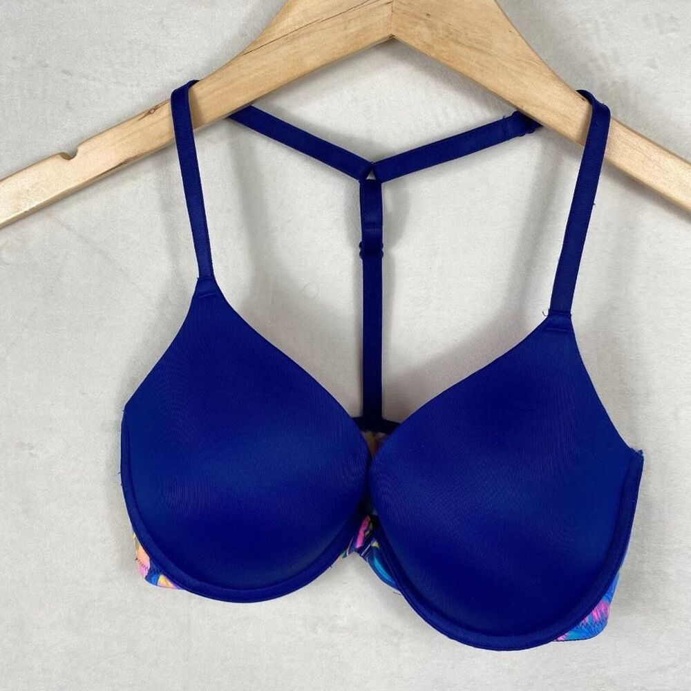 PINK Wear Everywhere blue front closure t-back Push-Up Bra womens 32D